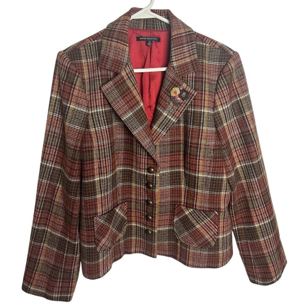 DAVID MEISTER Multi Color Acrylic Blend Plaid Beaded Motif Collar Jacket US 14